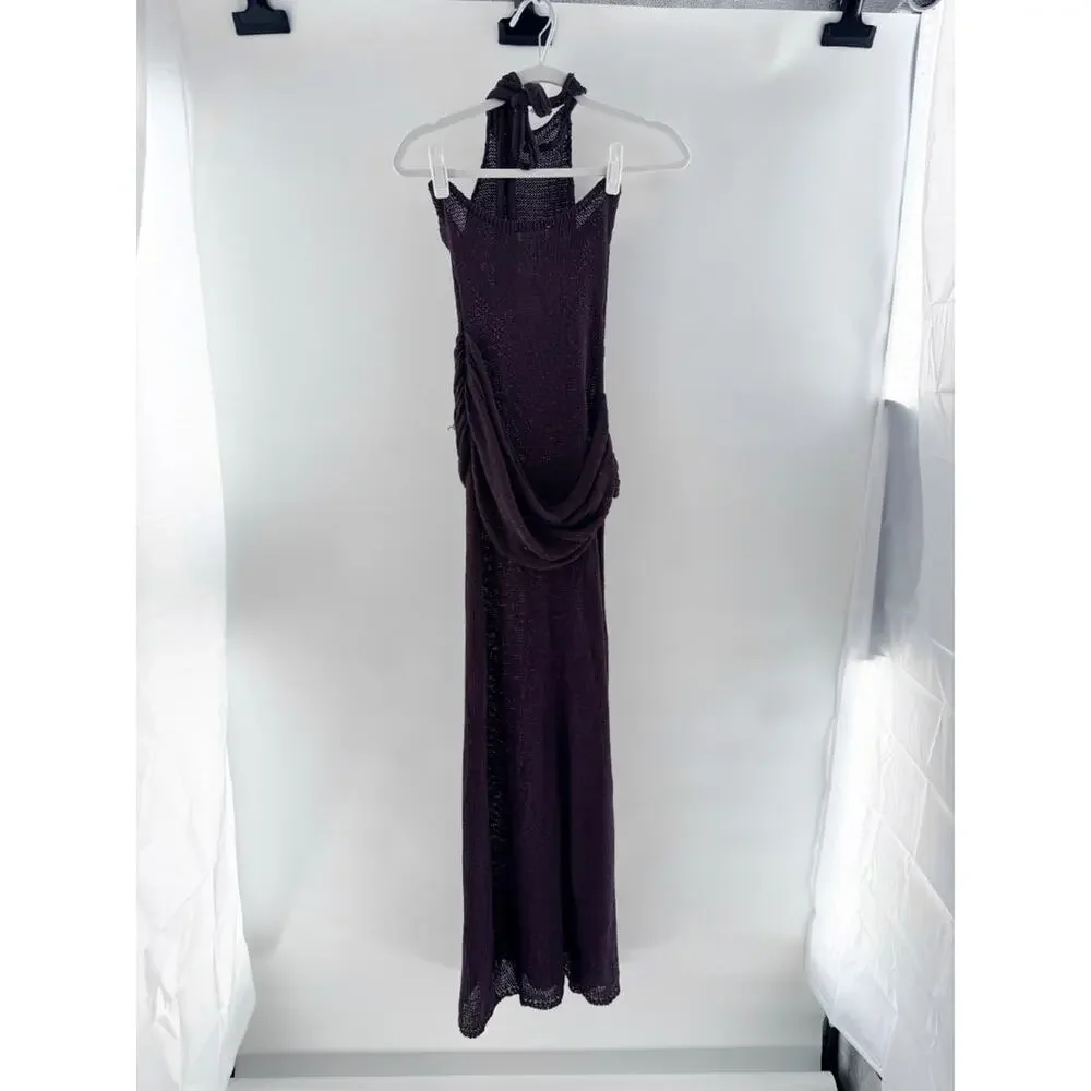 Meshki Reece Halter Neck Open Back Sheer Knit Maxi Dress Chocolate Woemn's Small - Picture 5 of 7